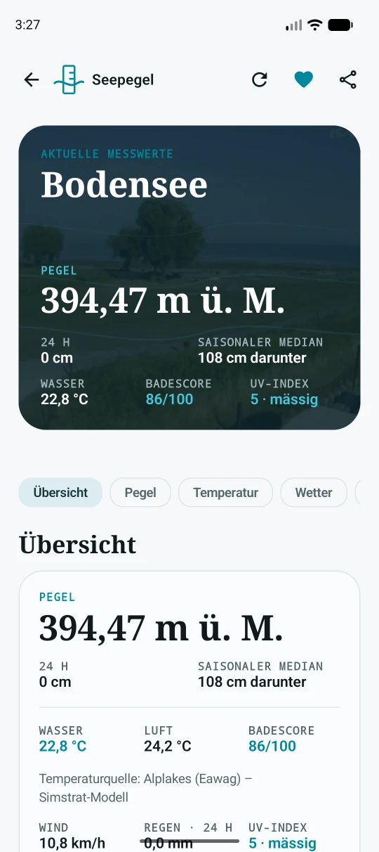 Detailansicht eines Sees in der Seepegel Android-App